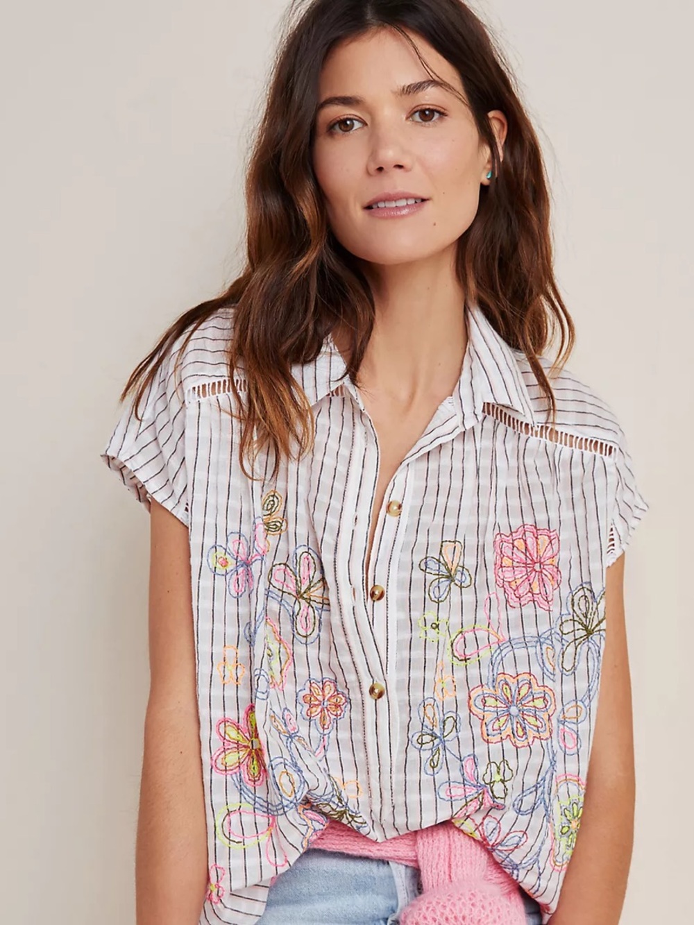 Anthropologie Striped Shirt with Multicolor Floral Embroidery